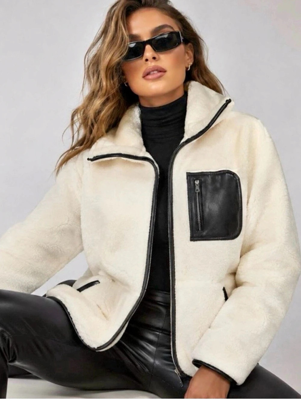 Spanx Contrast Binding Zipper Teddy Jacket in White & Black
